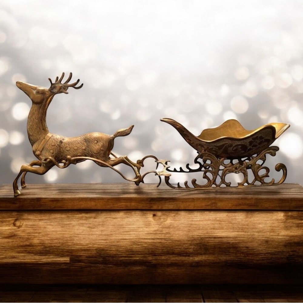 Large Solid Brass‎ Reindeer and Sleigh Holiday Decor